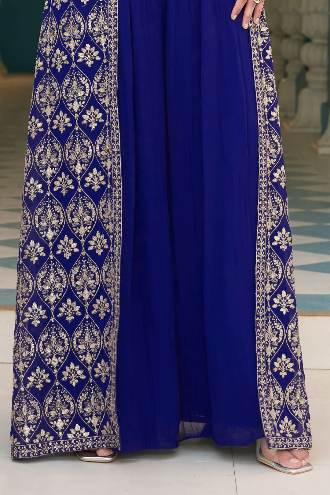 Royal Blue Sequins and Zari work Crop Top with Long Over Coat Palazzo Set