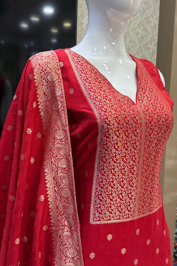 Red Banaras work V-Neck Straight Cut Salwar Suit