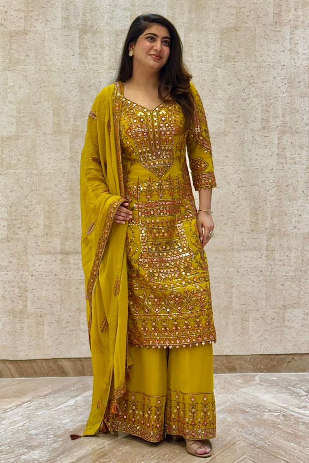 Mustard Sequins, Zardozi, Beads and Multicolor Thread work Palazzo Salwar Suit
