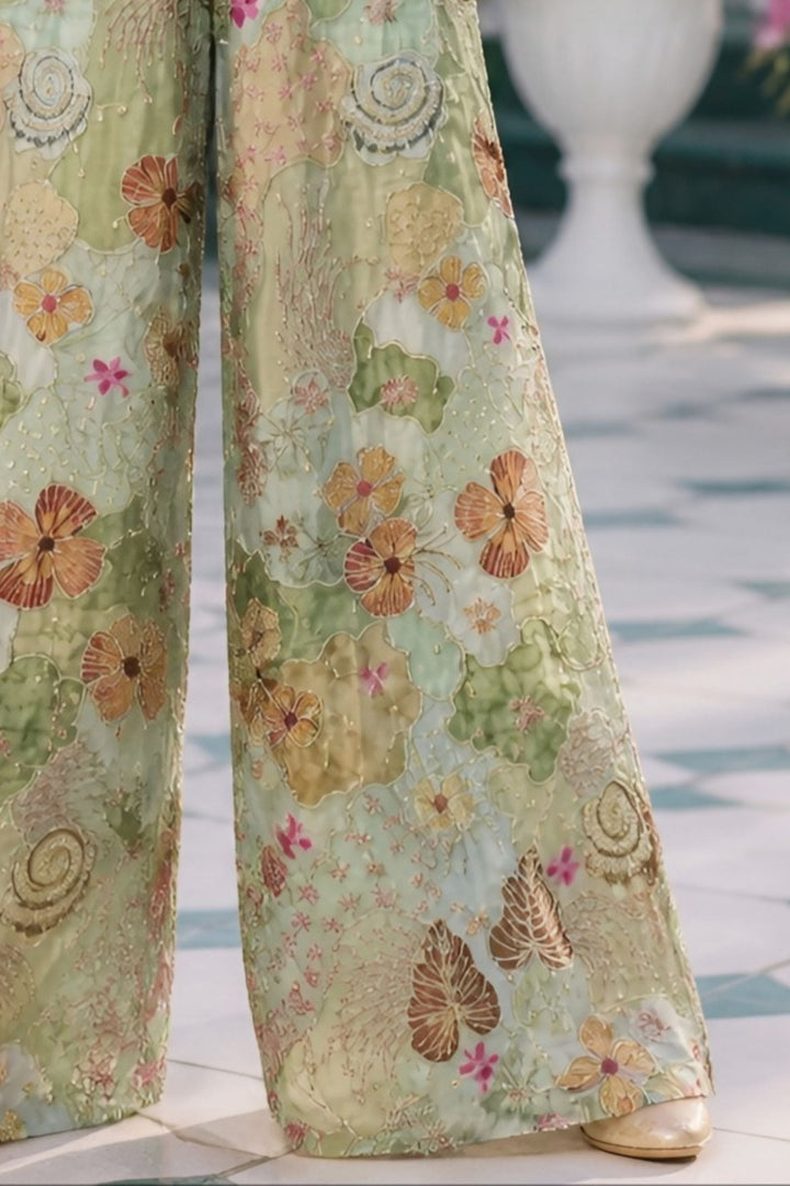 Sea Green Zari, Mirror and Sequins work with Floral Print Long Jumpsuit for Girls