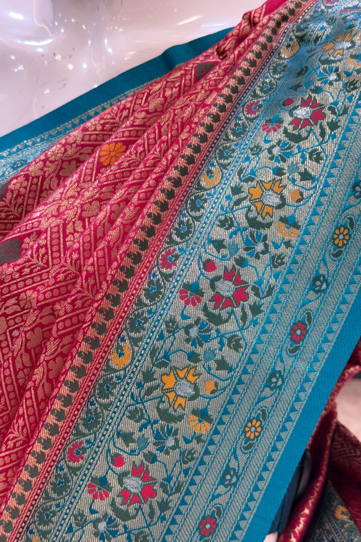 Rani Pink with Rama Blue Banaras work Saree