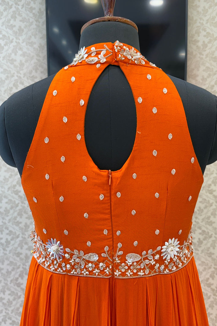 Orange Beads and Zari work Halter Neck Floor Length Anarkali Suit