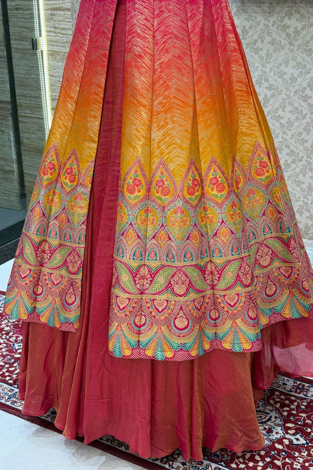 Pink with Mustard Banaras work Mastani Styled Long Top Lehenga
