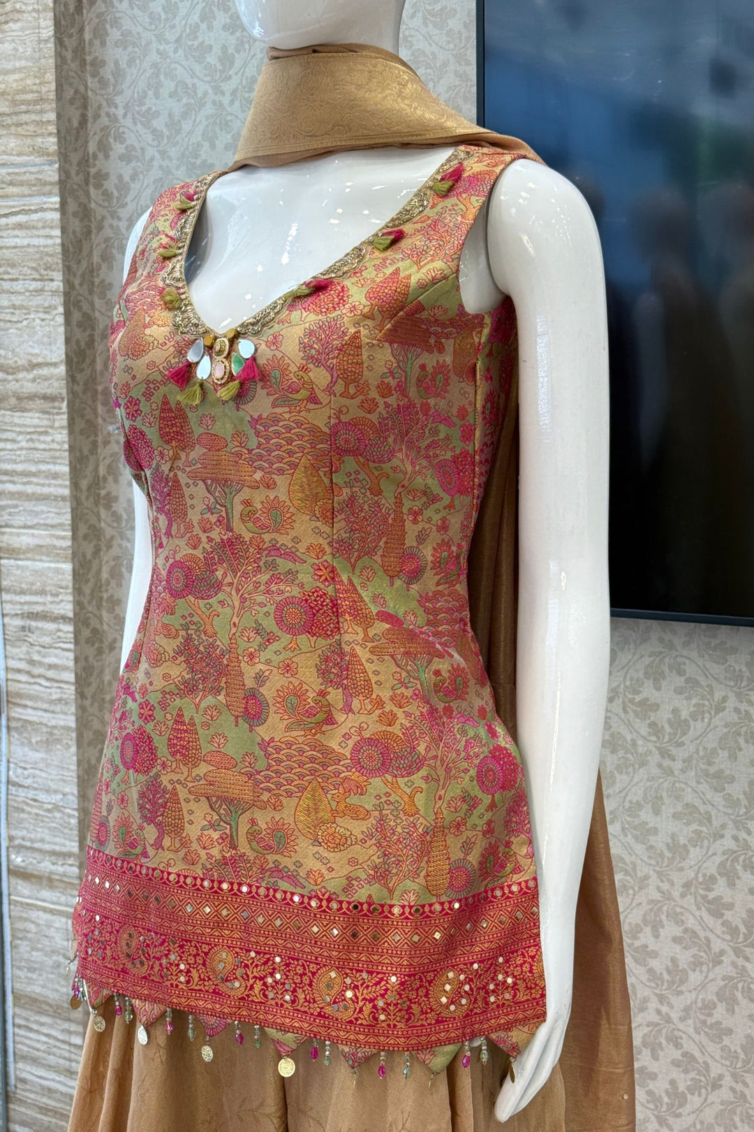 Gold with Pink Banaras work Palazzo Salwar Suit
