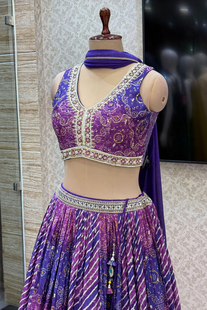 Purple Zari, Sequins and Beads work with Bandini and Leheriya Print Crop Top Lehenga