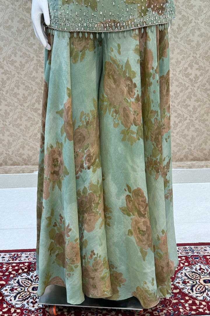 Sea Green Floral Print Top and Flared Palazzo Set with Kundan and Beads work
