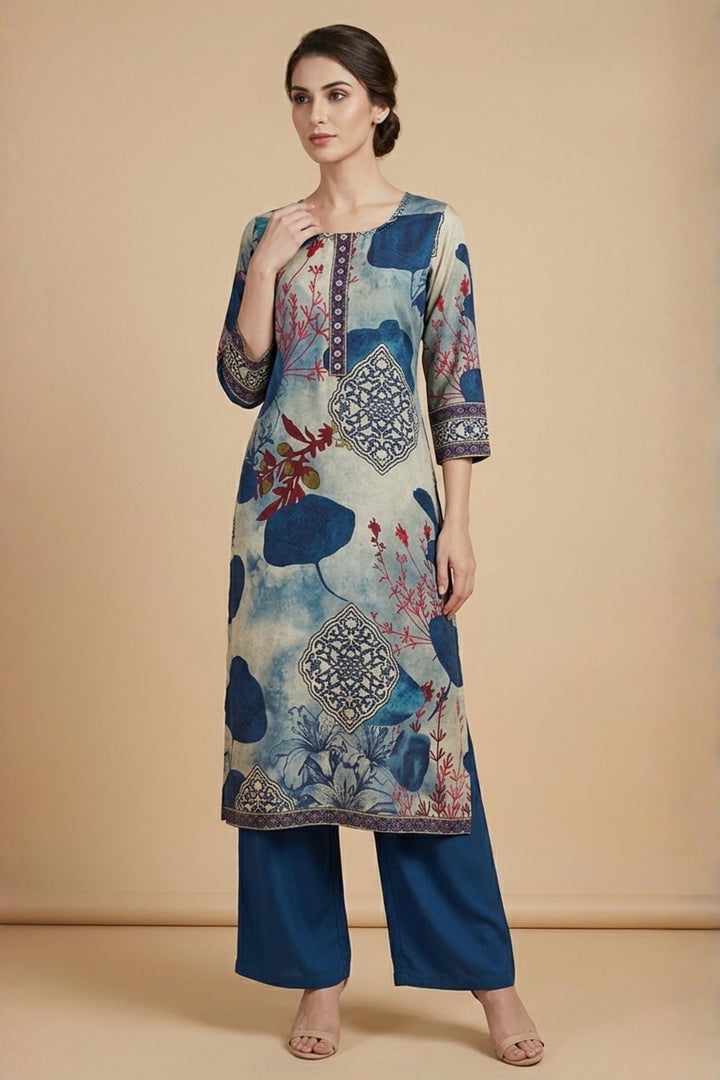 Beige Beads work with Digital Print Calf Length Kurti