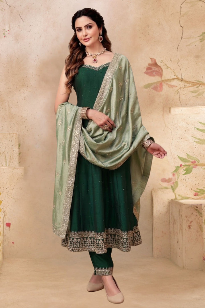Bottle Green Stone and Thread work Anarkali Style Salwar