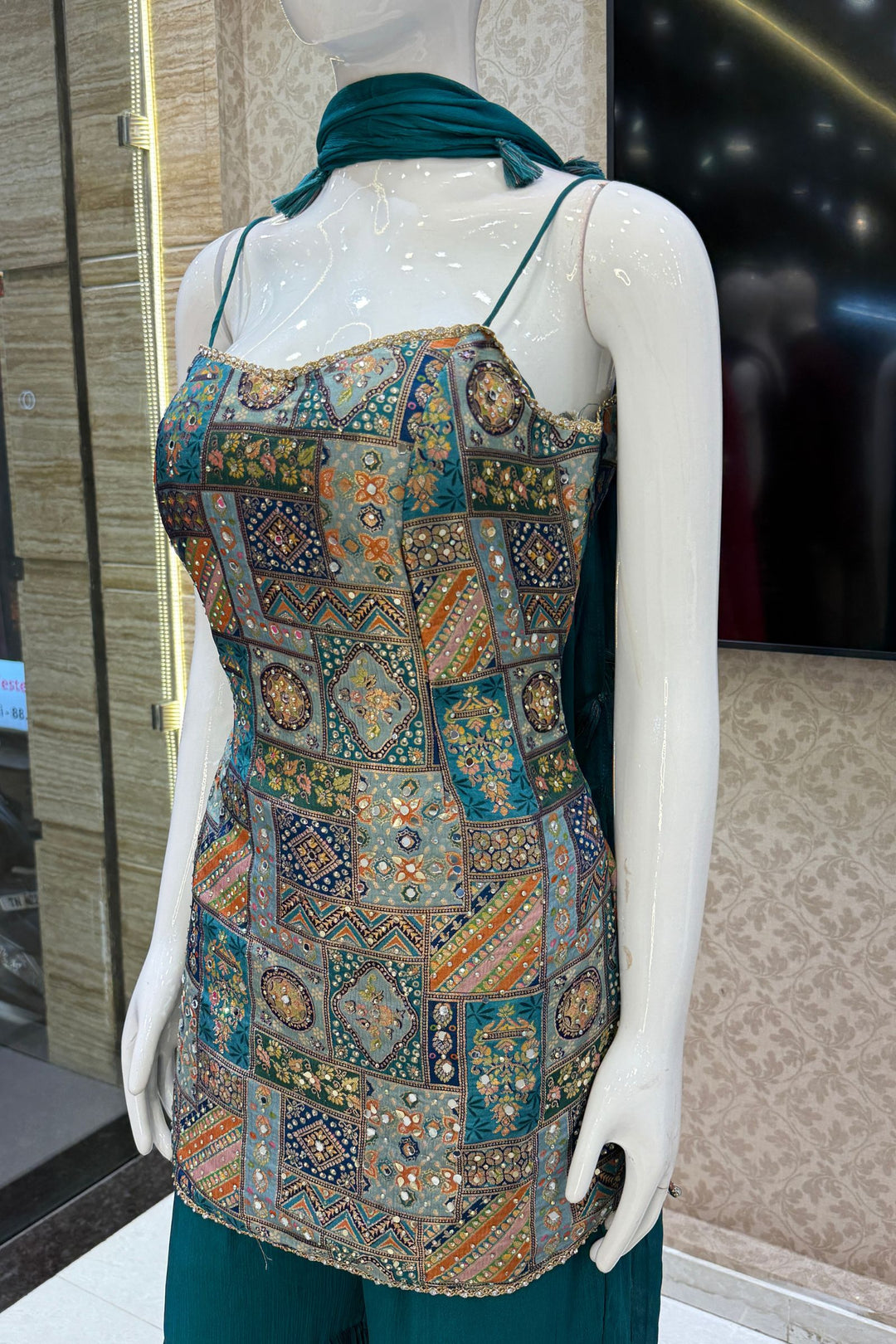 Rama Green Stone, Mirror and Banaras work with Digital Print Sharara Salwar Suit