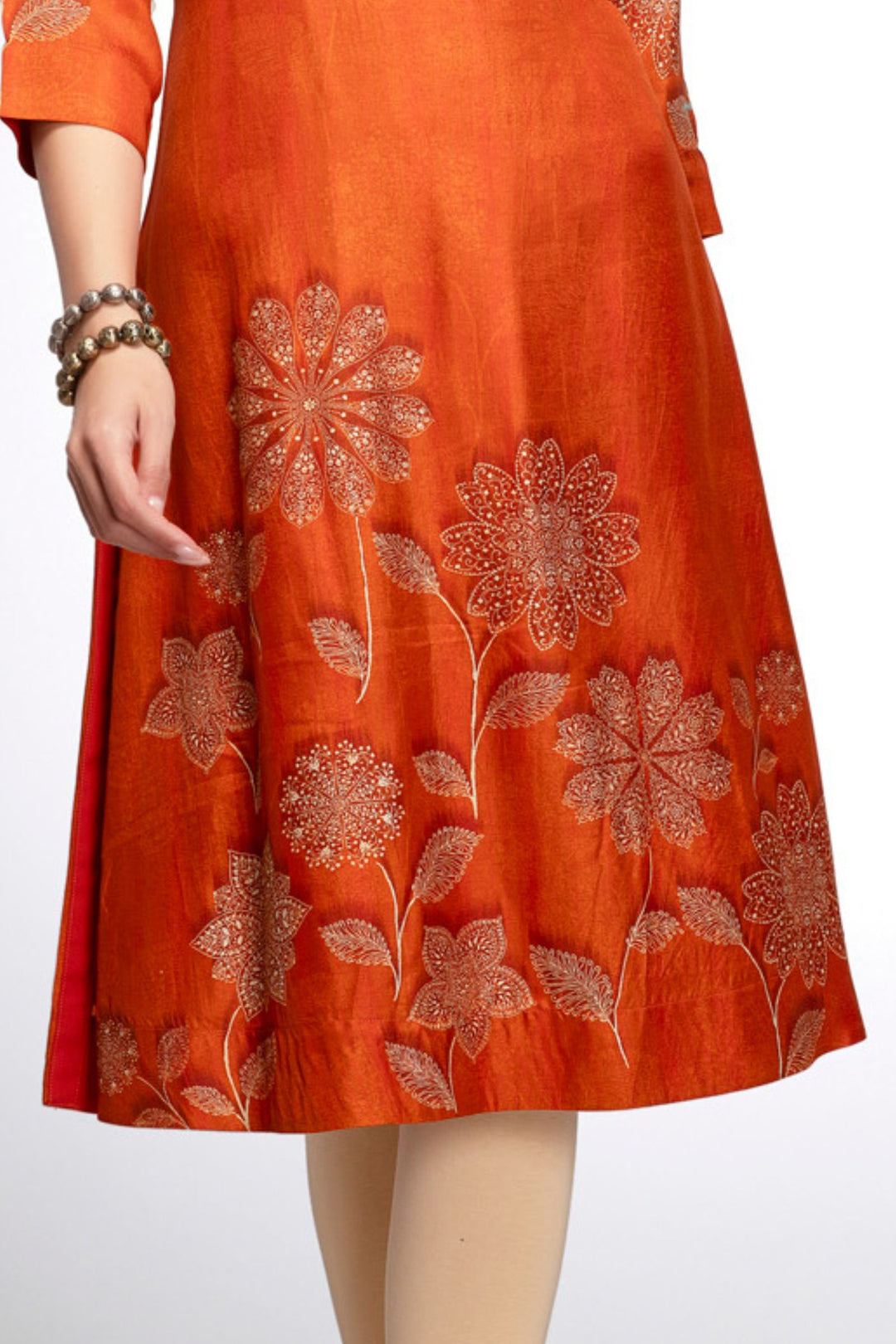 Orange Thread, Beads and Stone work with Floral Print Calf Length Kurti