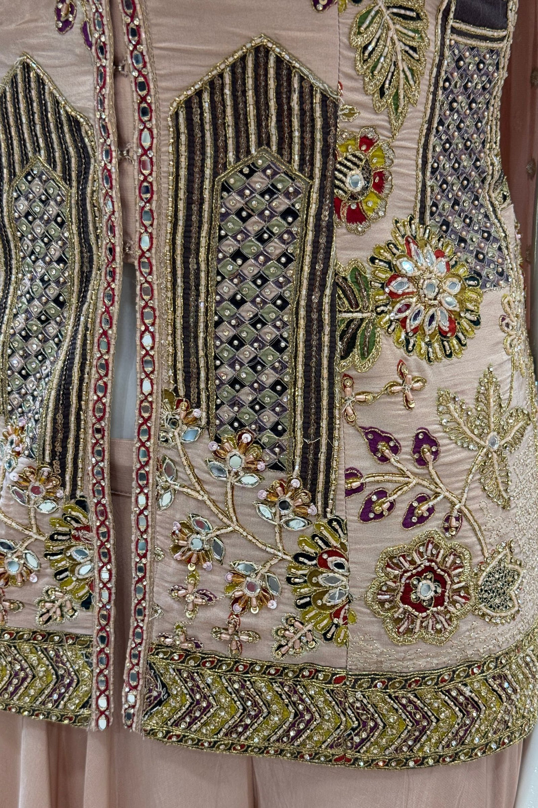 Peach Beads, Mirror, Zari and Thread work with Digital Print Palazzo Salwar Suit
