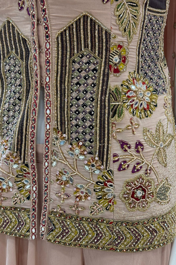 Peach Beads, Mirror, Zari and Thread work with Digital Print Palazzo Salwar Suit