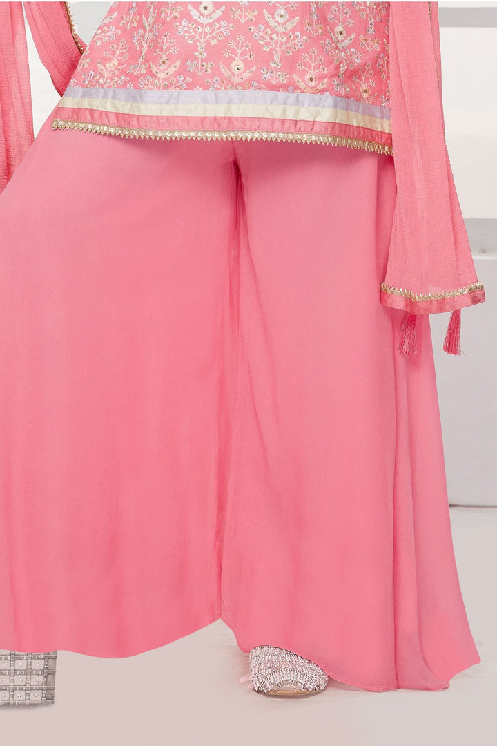 Pink Multicolor Thread, Stone, Mirror and Zardozi work Palazzo Suit Set for Girls