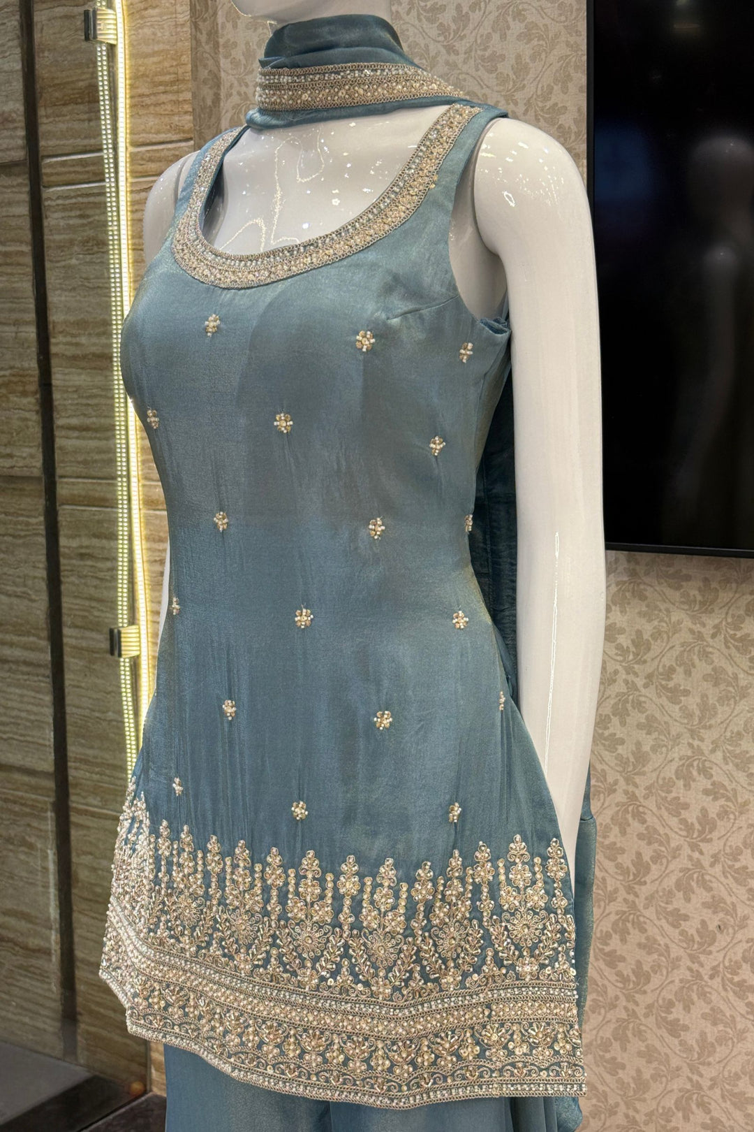 Sea Blue Beads, Zari and Sequins work Top with Flared Palazzo Set