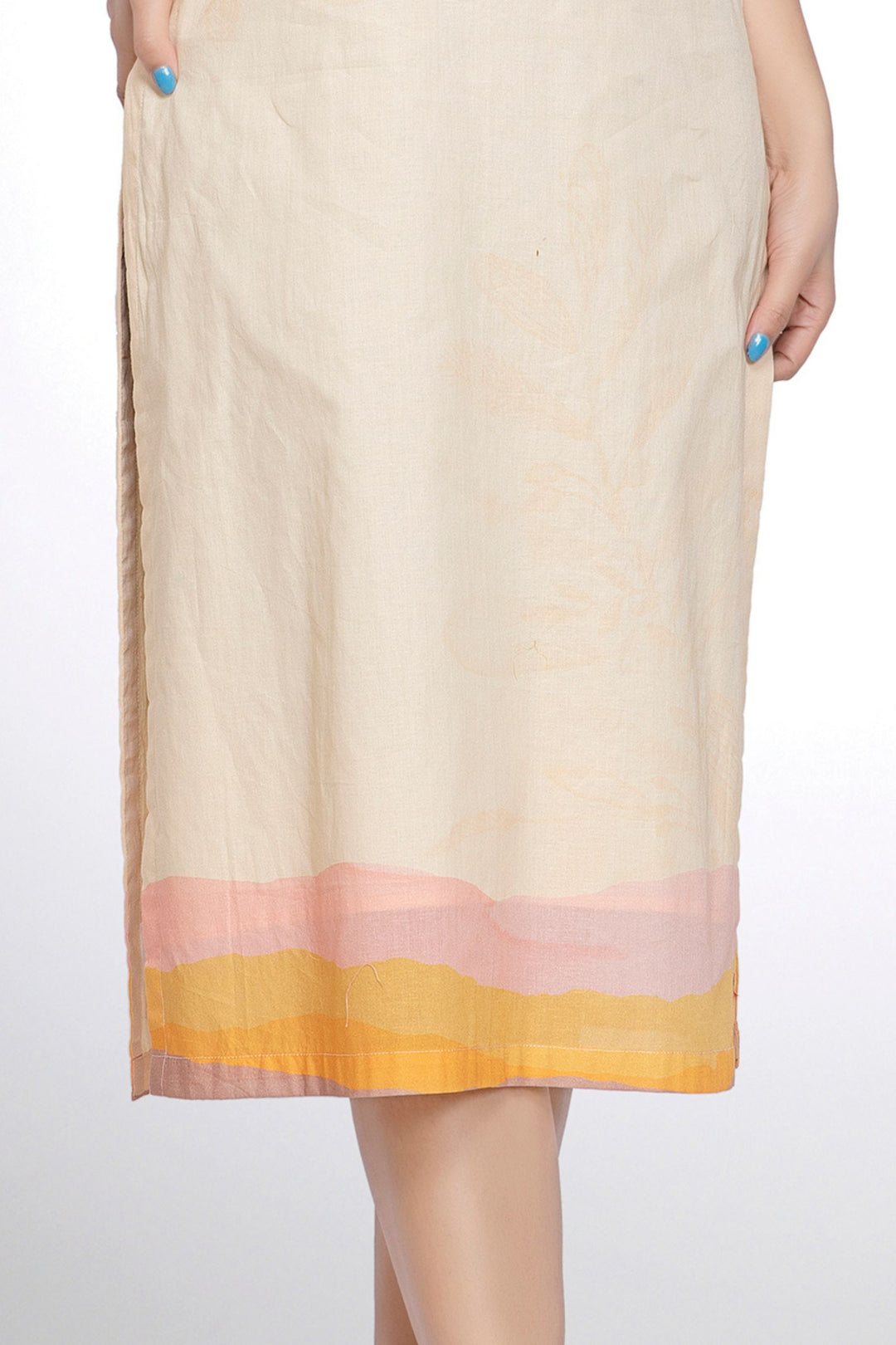 Light Yellow Thread work with Printed Calf Length Kurti