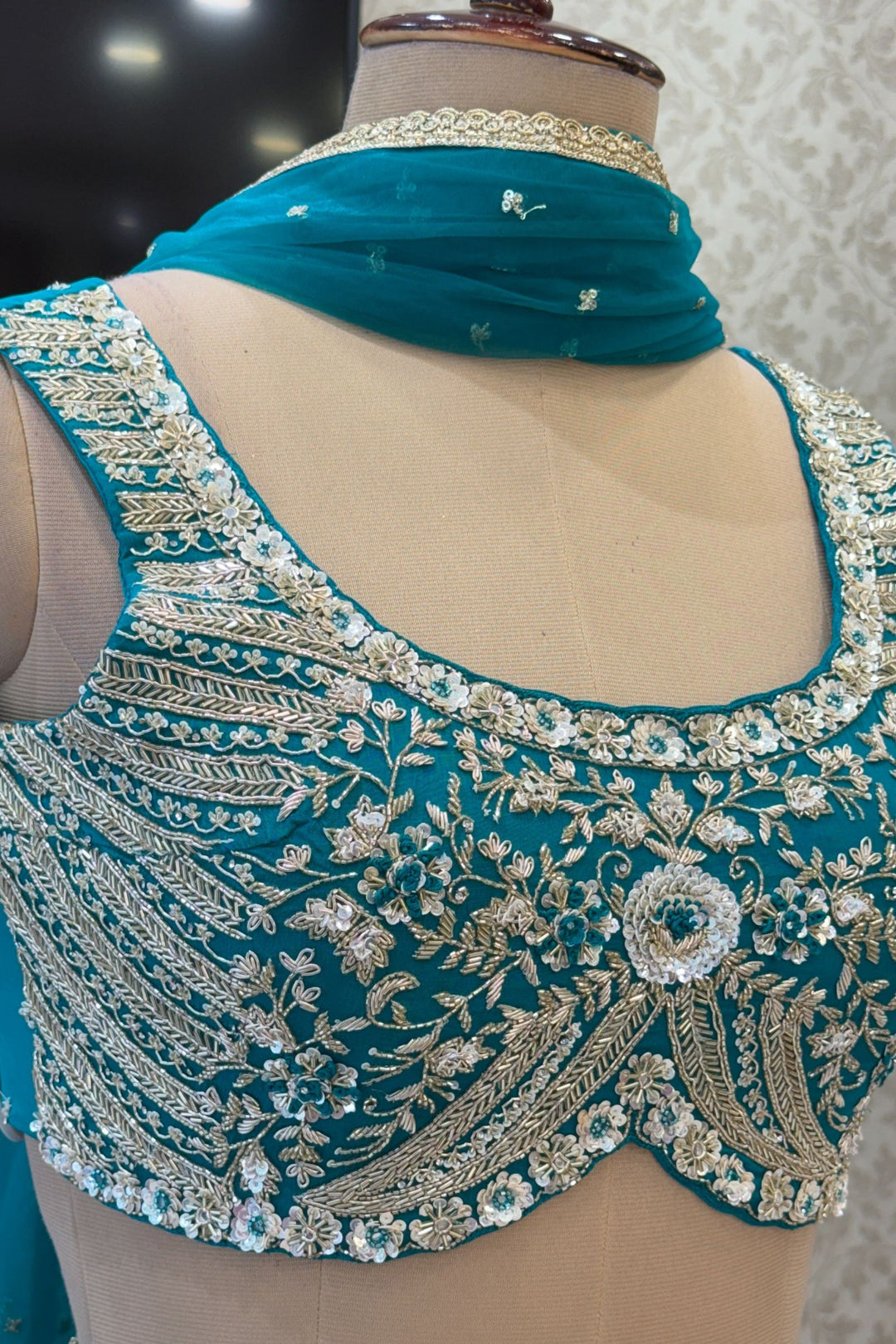 Rama Blue Sequins, Beads, Mirror, Zardozi and Zari work Crop Top Lehenga