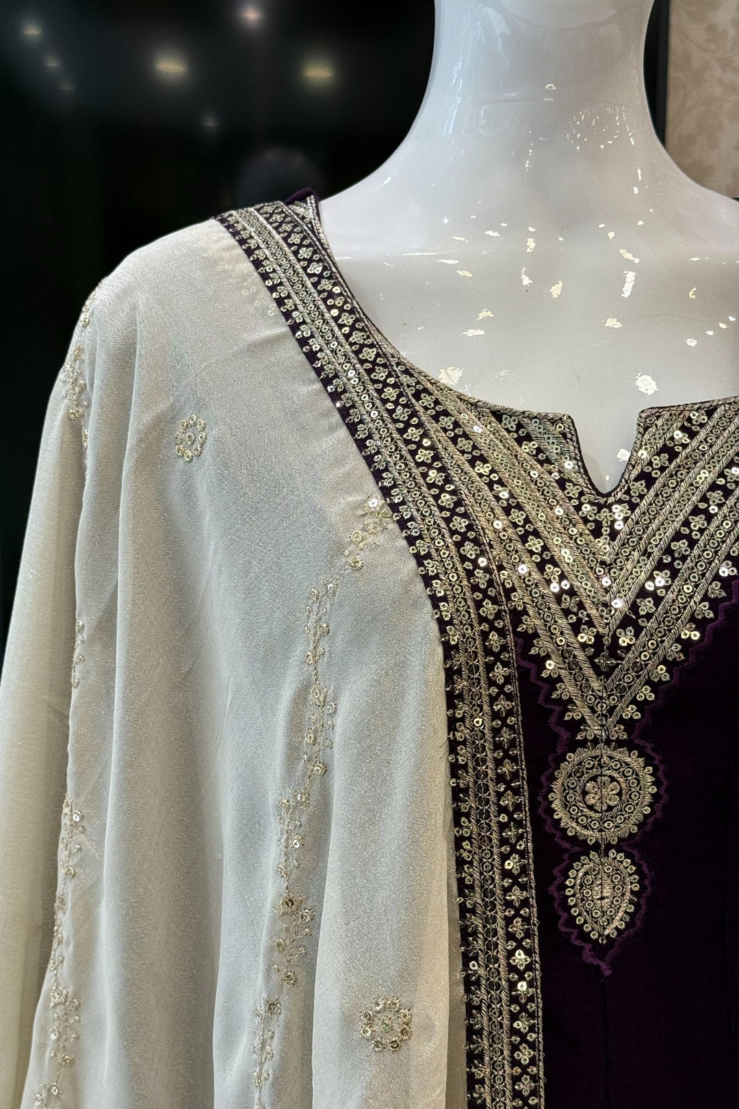 Dark Purple Sequins and Zari work A-line Cut Salwar Suit