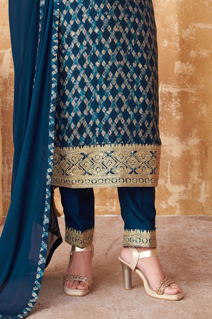 Indigo Blue Zardozi, Sequins and Thread work with Digital Print Straight Cut Salwar Suit