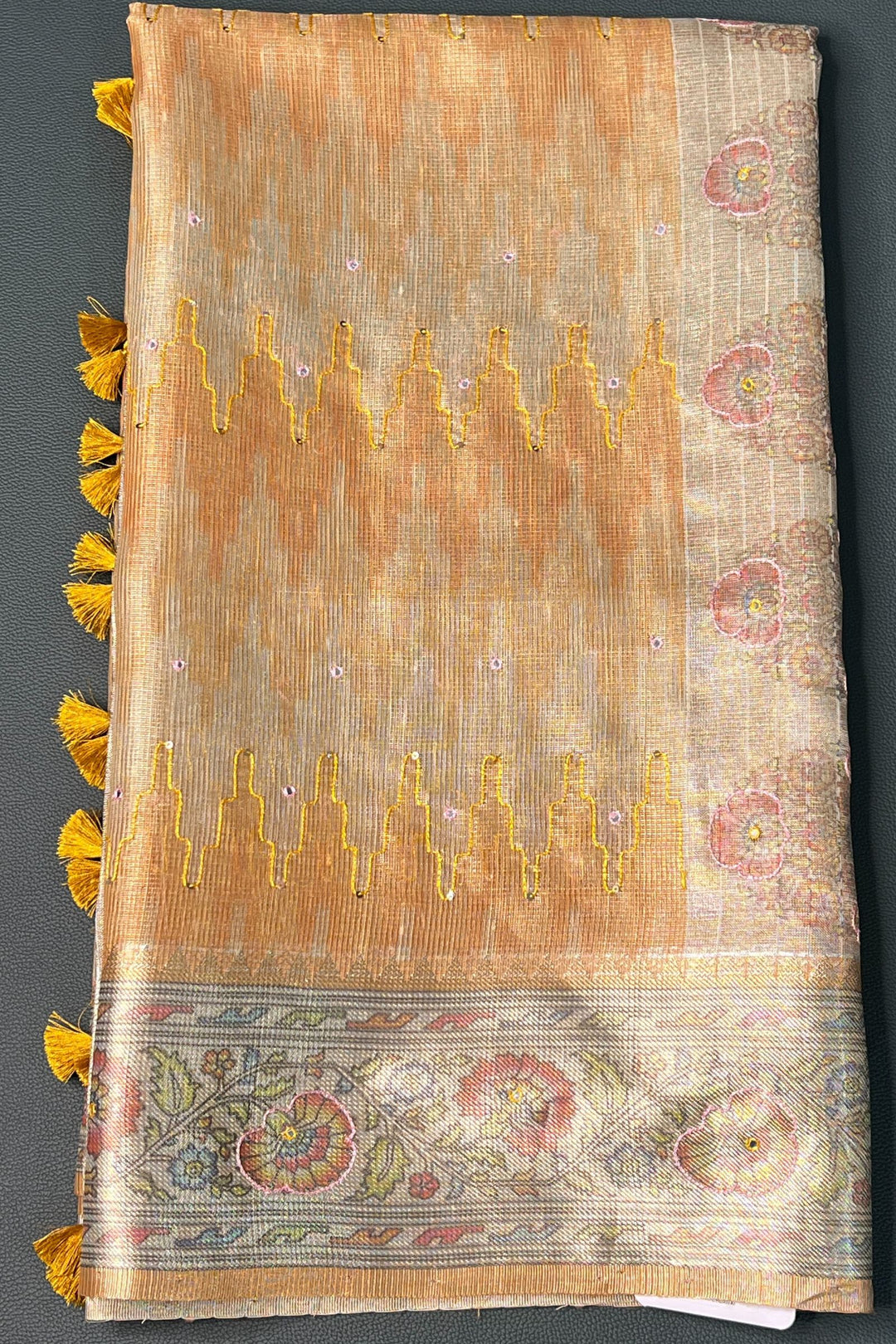 Golden Tissue Saree with Floral Print and Thread work