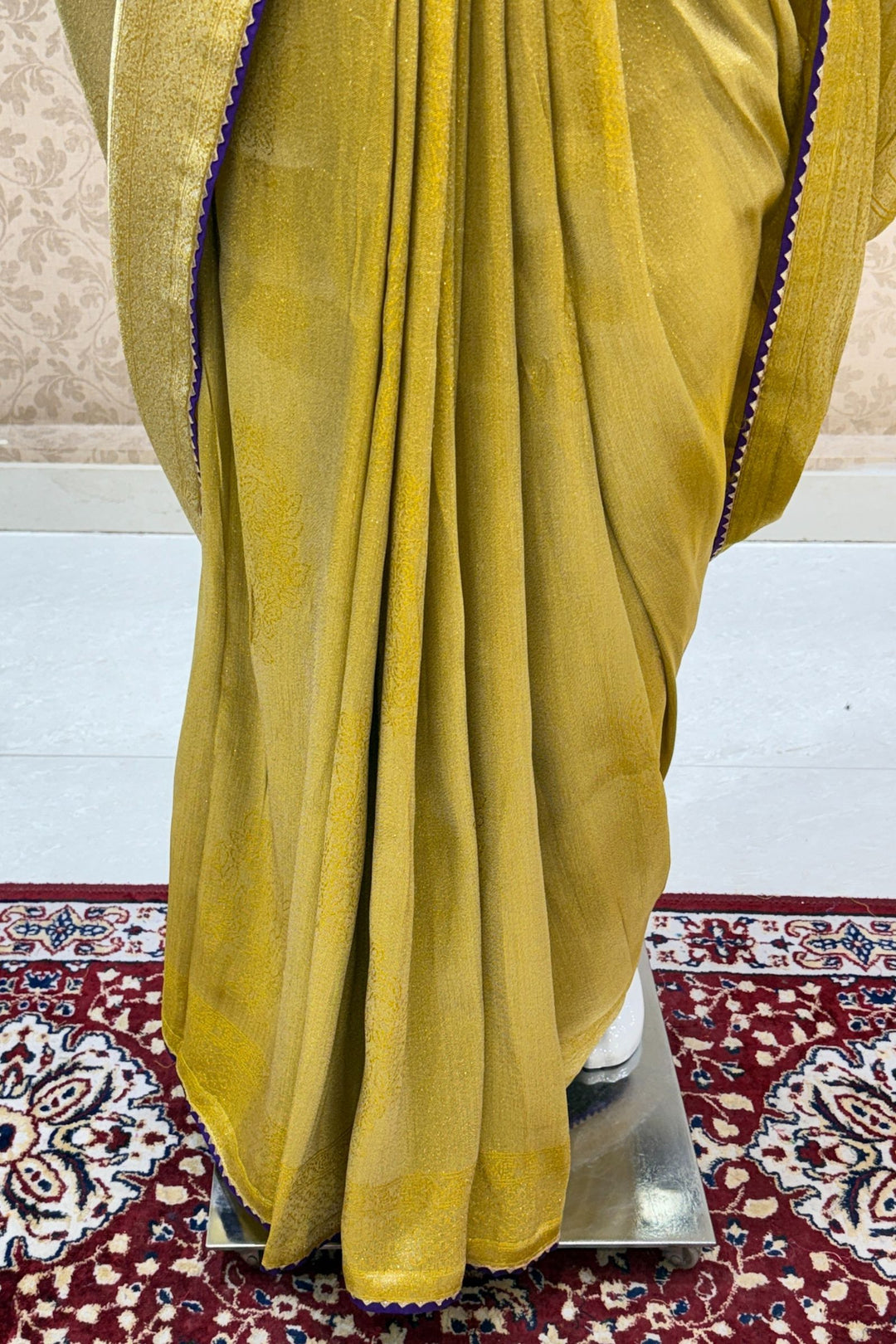 Mustard Saree with Purple Beads, Zari and Sequins work with Pochampally Print Blouse
