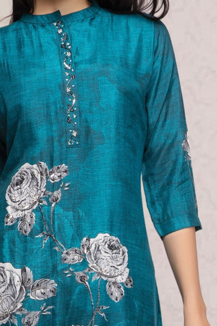 Blue Sequins and Beads work with Floral Print Straight Kurta Set