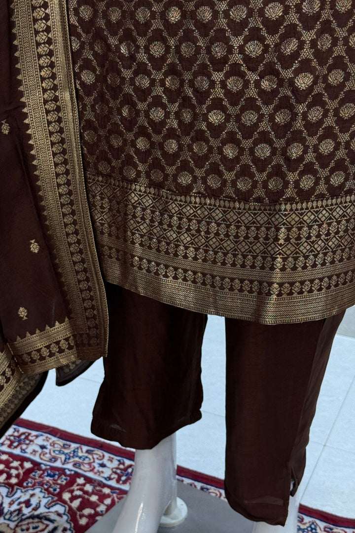 Brown Banaras work V-Neck Straight Cut Salwar Suit