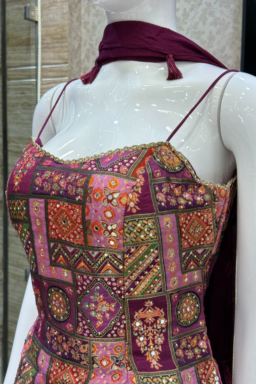 Wine Stone, Mirror and Banaras work with Digital Print Sharara Salwar Suit