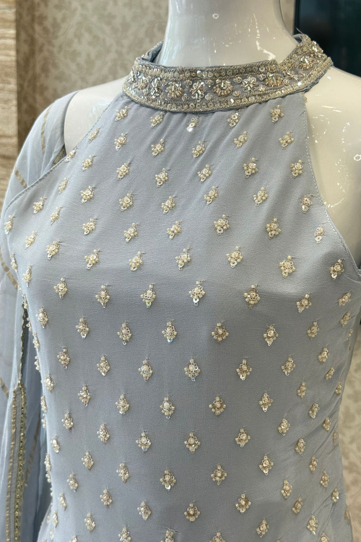 Sea Blue Zari, Sequins and Beads work Palazzo Salwar Suit