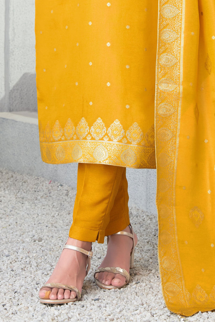 Yellow Banaras, Zari, Beads, Sequins and Thread work Straight Cut Salwar Suit