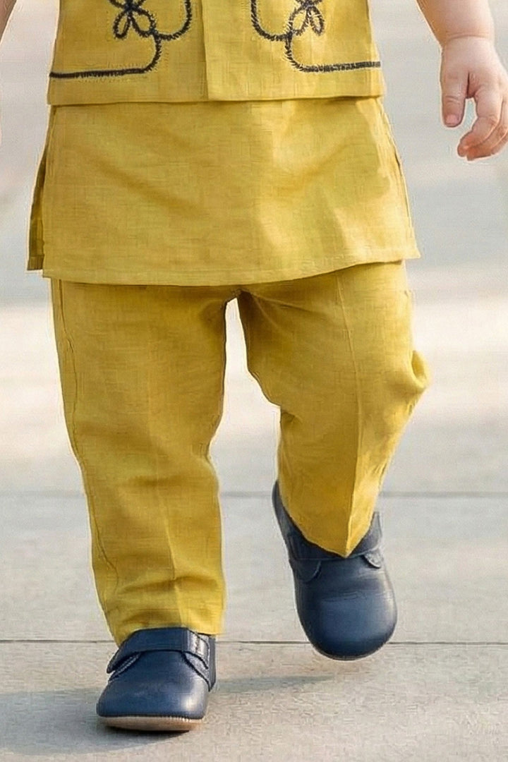 Mustard Thread work Waist Coat Kurta Set for Boys