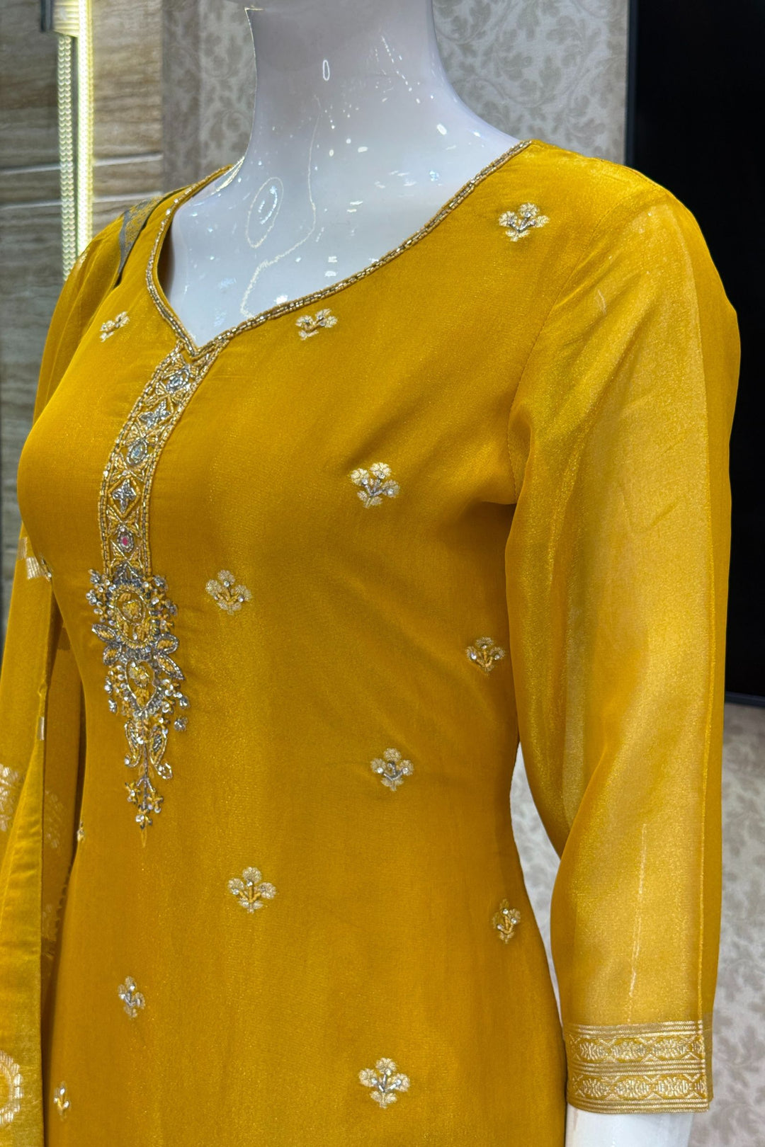 Yellow Beads, Mirror, Sequins, Jacquard and Stone work Straight Cut Salwar Suit