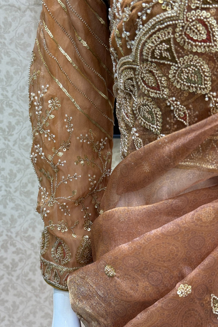 Mustard Pearls, Beads and Multicolor Thread work with Self Print Saree