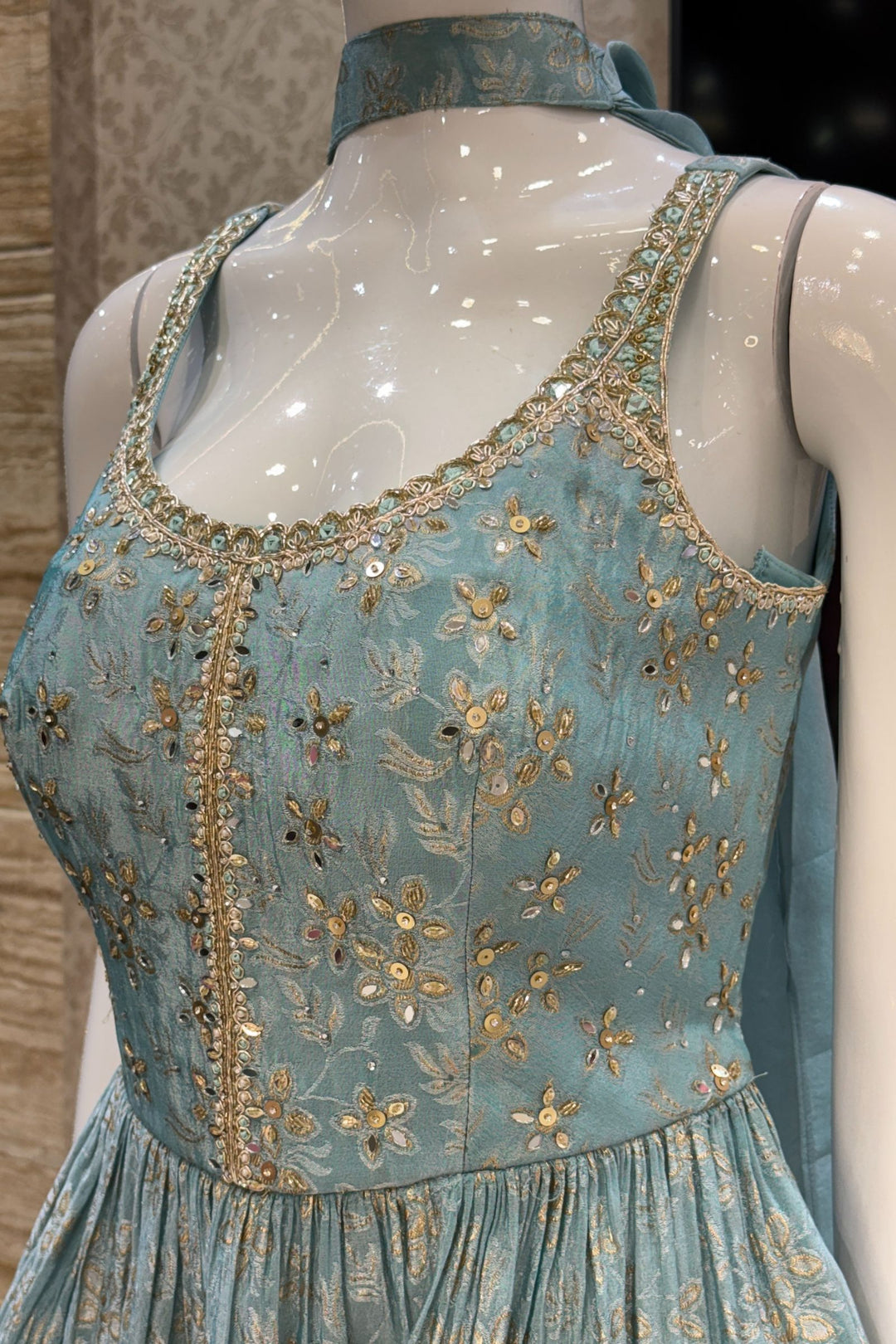 Sky Blue Banaras, Stone, Sequins, Beads and Zardozi work Peplum Top with Palazzo Suit Set