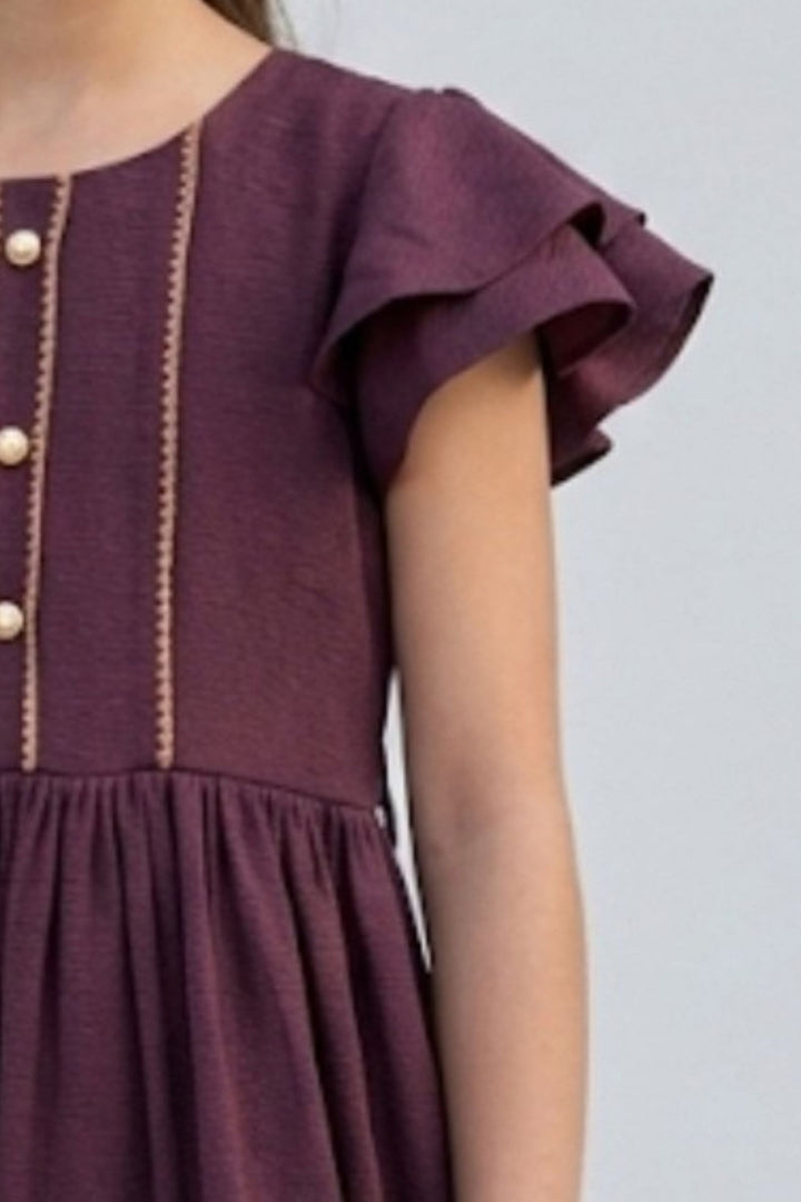Wine Floral Embroidery work Short Casual Frock For Girls