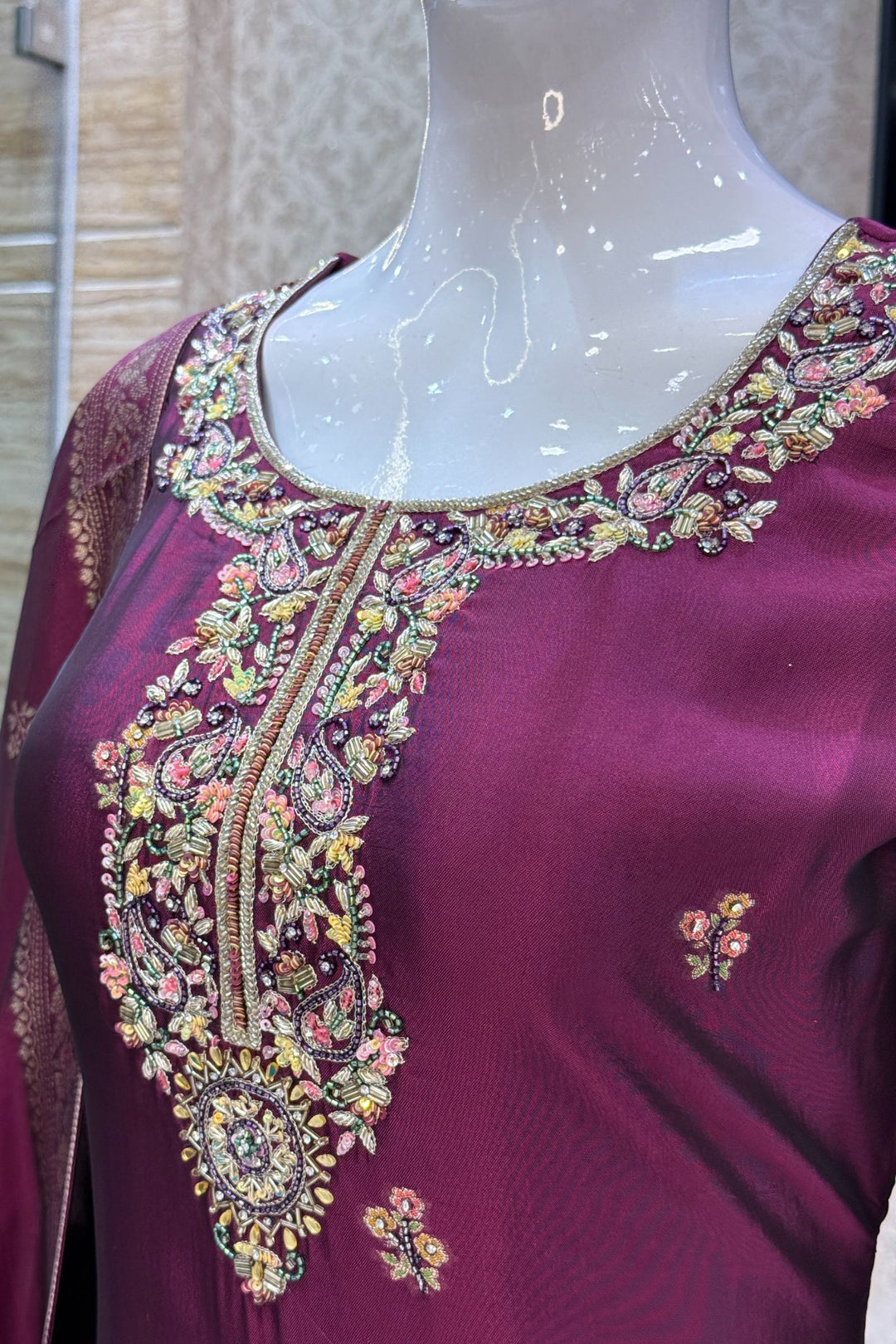 Wine Beads, Sequins, Zari, Stone, Banaras and Jacquard work Straight Cut Salwar Suit