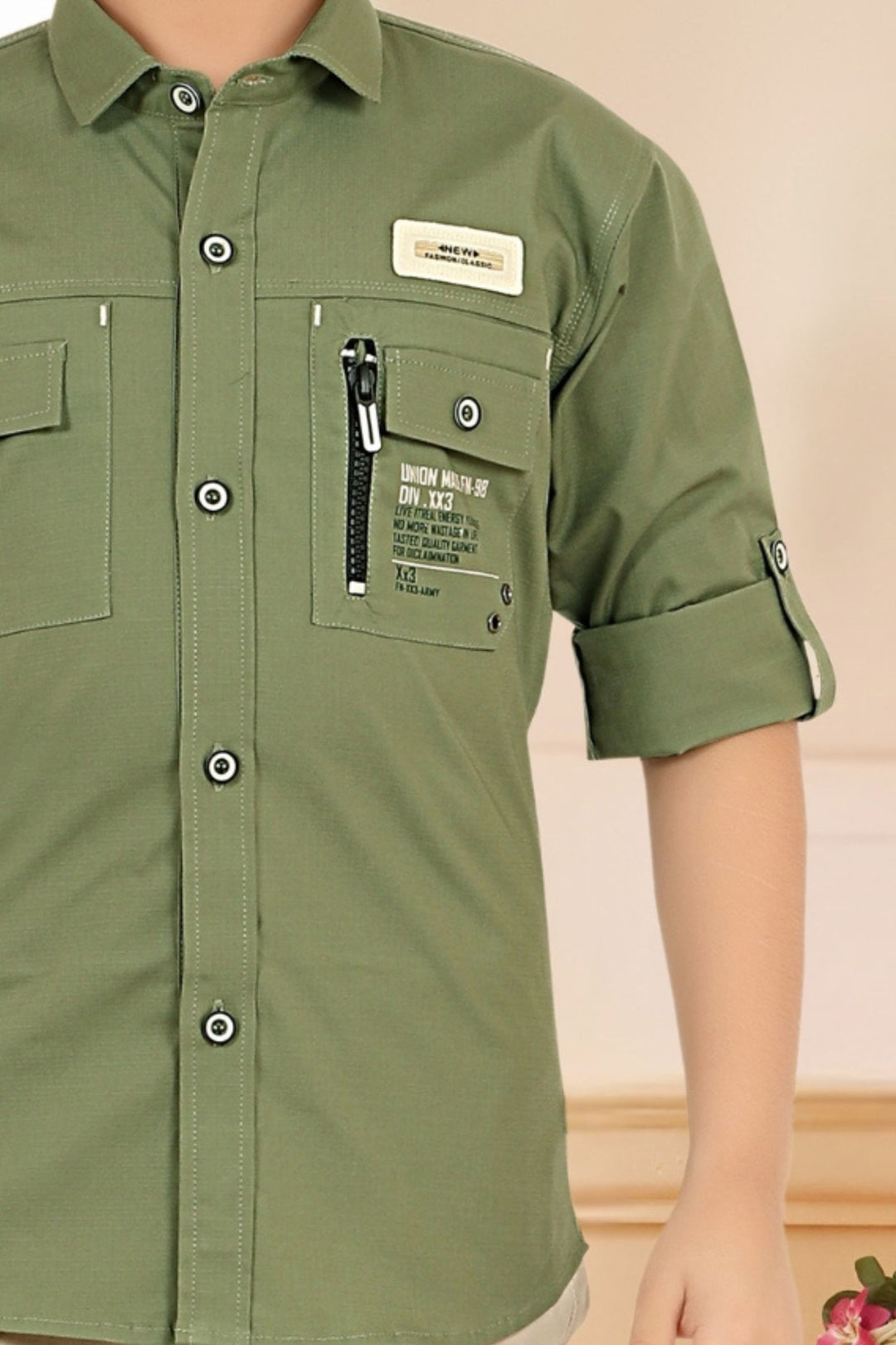 Pista Green Printed Shirt and Beige Pant Set for Boys