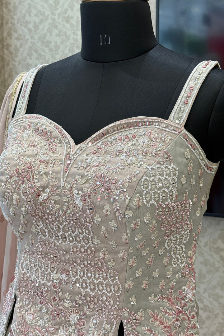 Grey with Peach Beads, Mirror, Stone, Sequins and Thread work Peplum Style Lehenga
