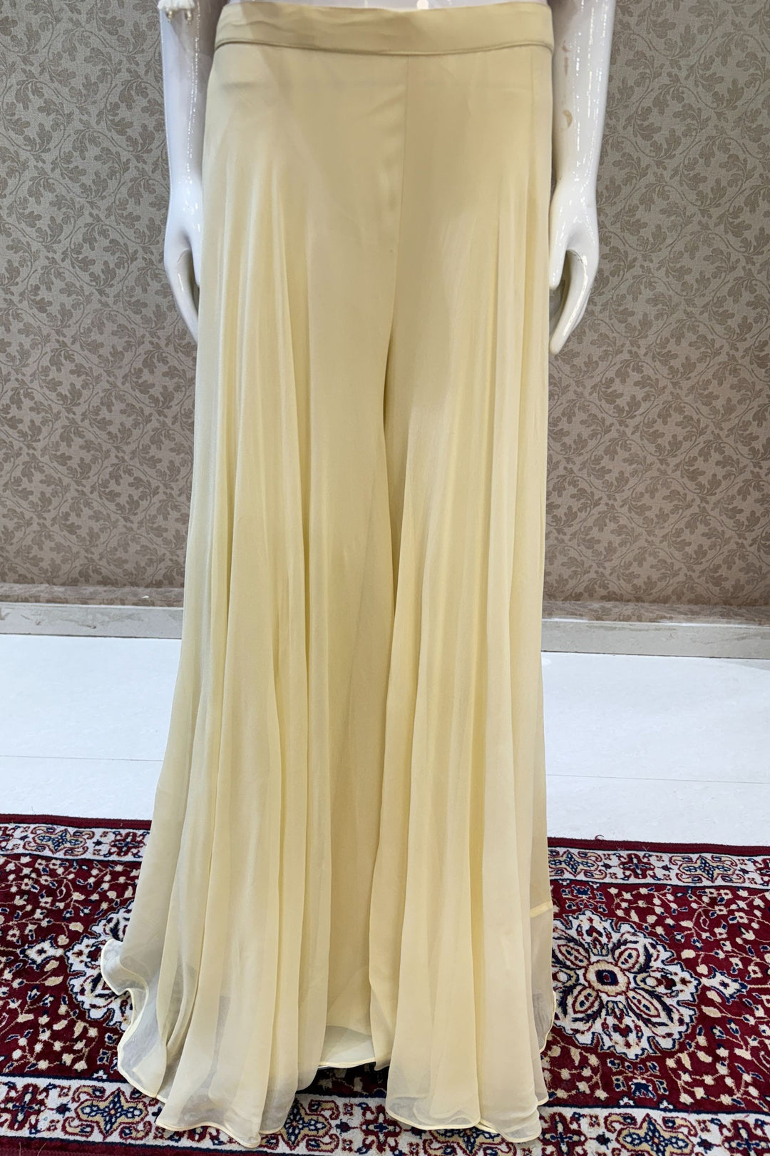 Cream Beads and Multicolor Thread work Crop Top with Overcoat Styled Palazzo Suit Set