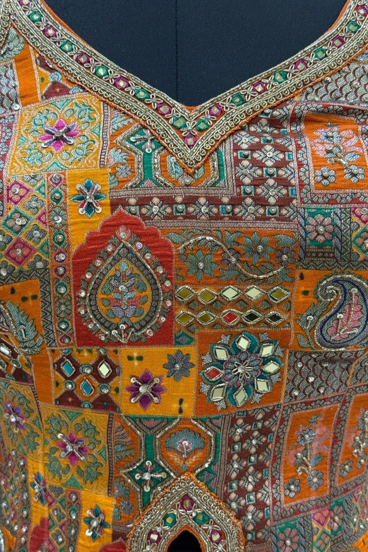 Orange Zardozi, Beads, Mirror, Stone, Zari and Beads work Peplum Style Lehenga