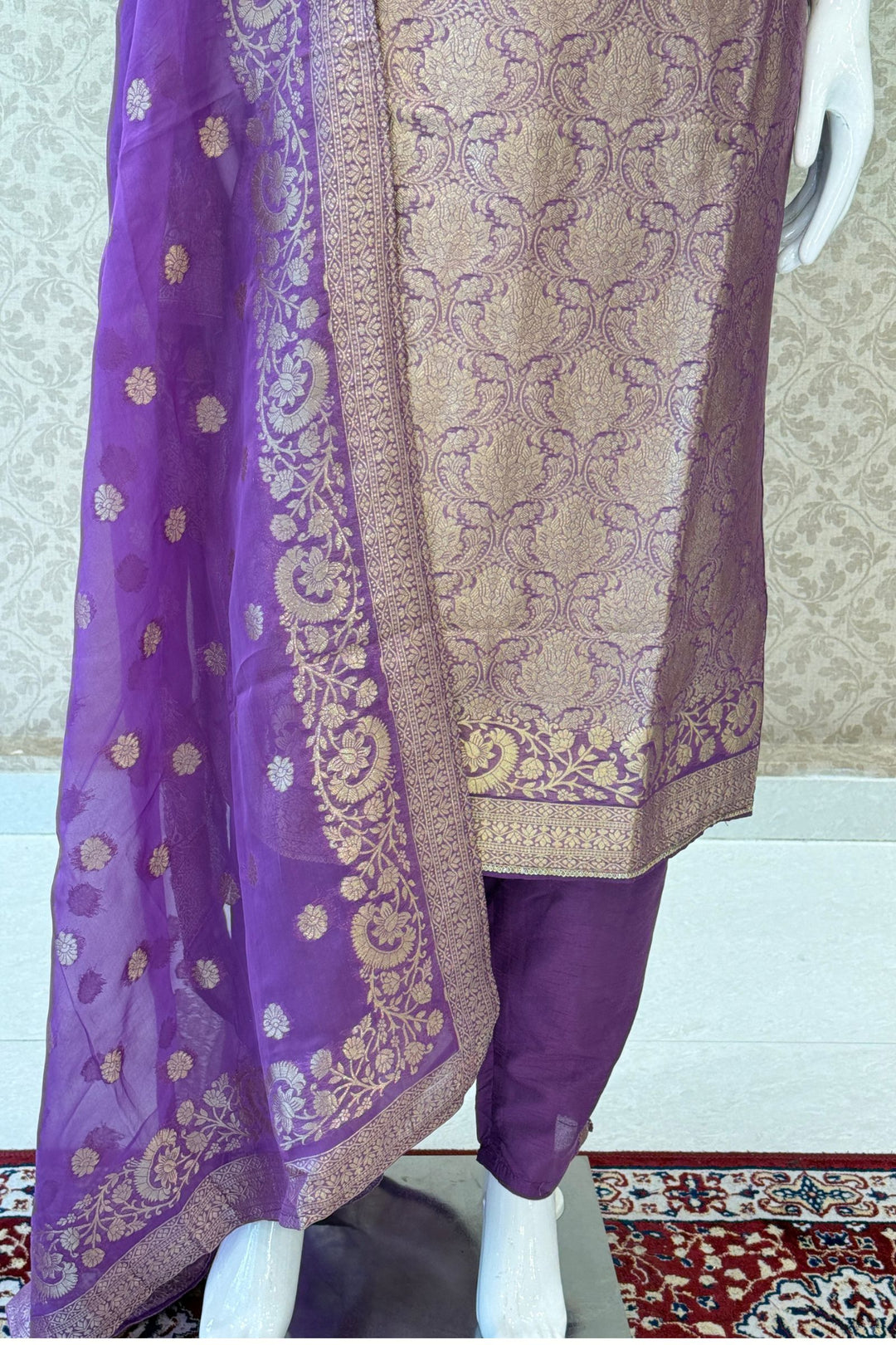 Lavender Beads, Mirror, Stone, Banaras and Brocade work Straight Cut Salwar Suit