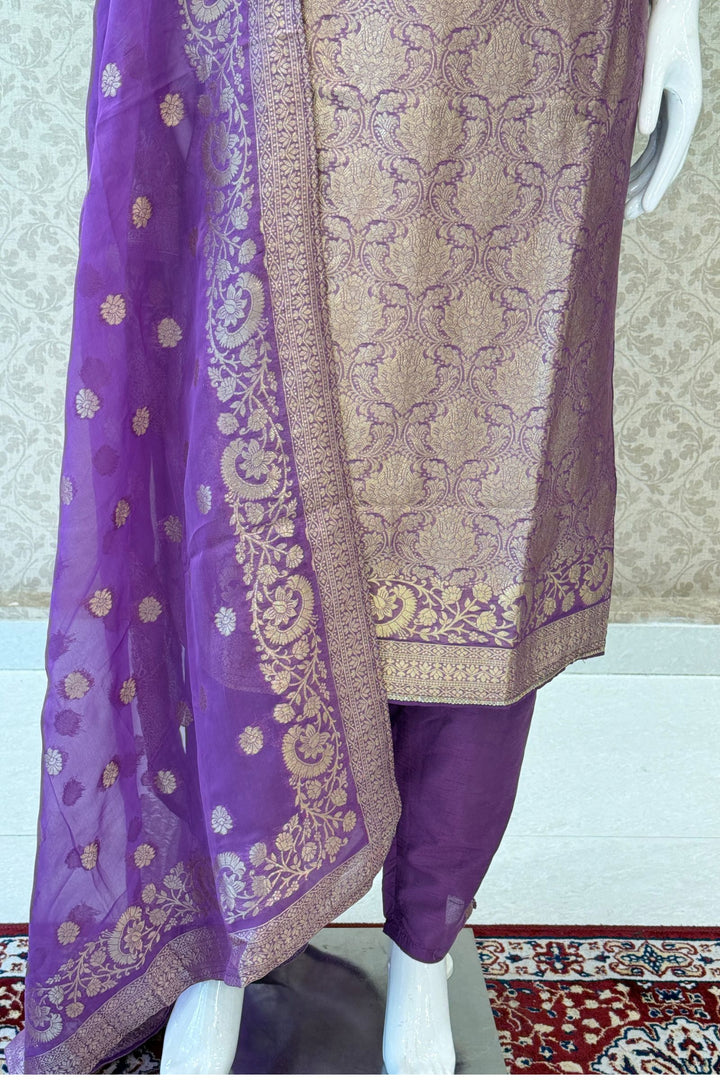Lavender Beads, Mirror, Stone, Banaras and Brocade work Straight Cut Salwar Suit
