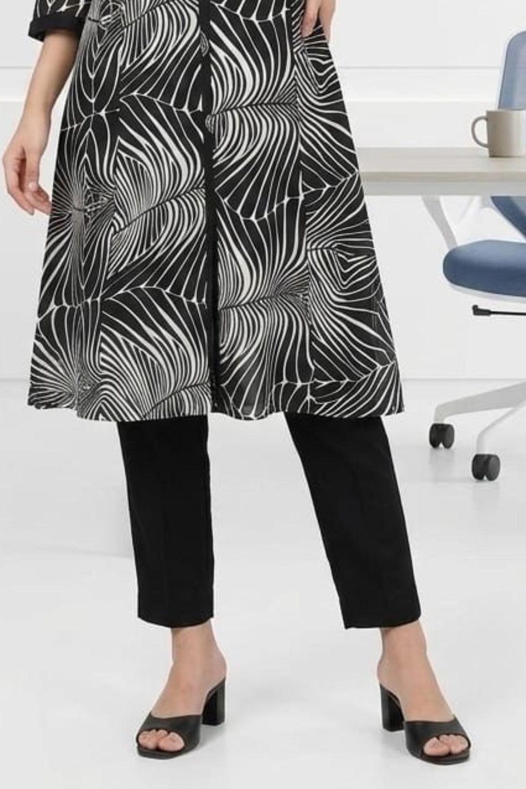 Black Beads work with Digital Print A-Line Cut Calf Length Kurti