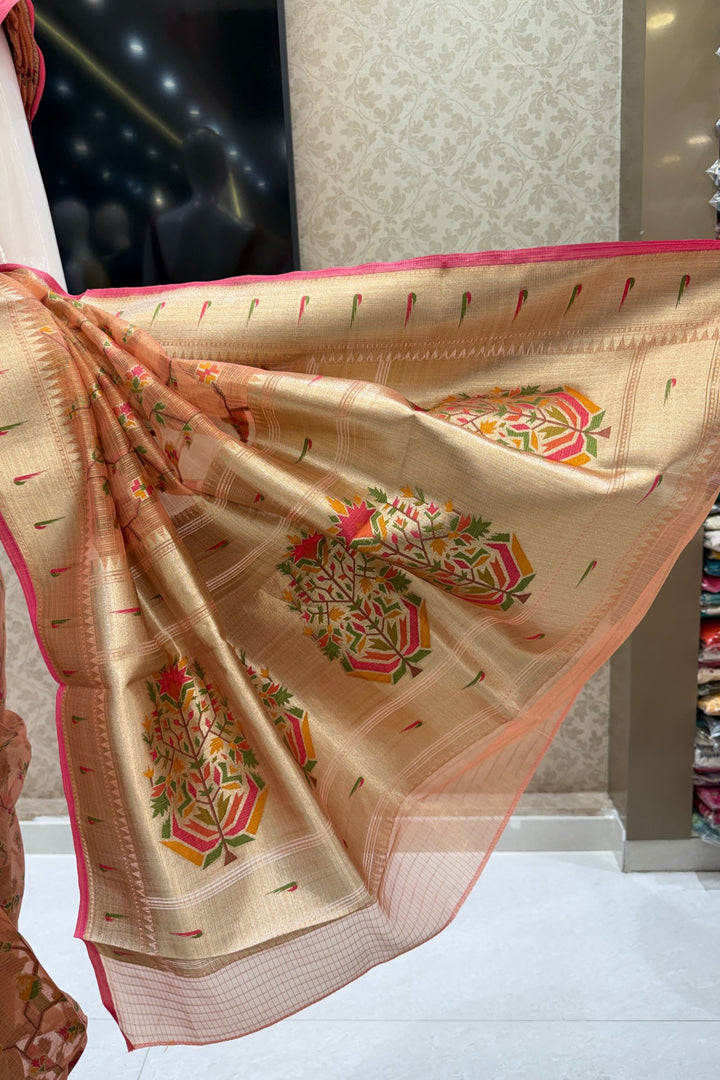Orange Banaras and Zari Weaving work Saree