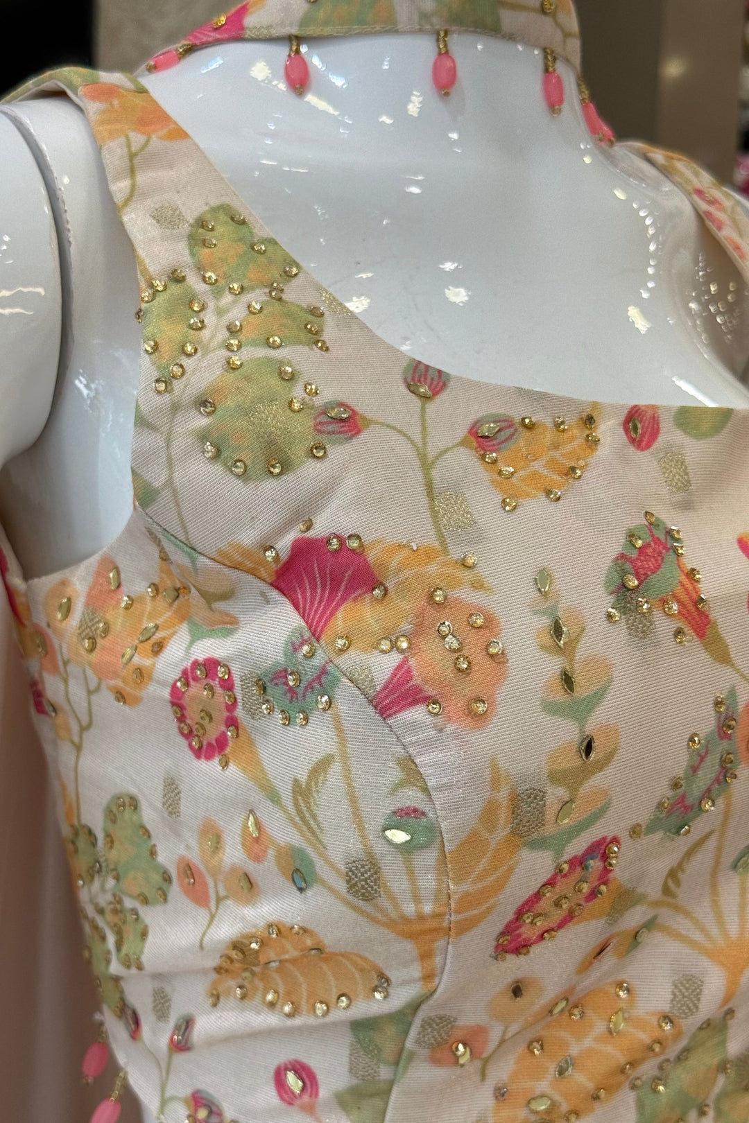 Cream Stone, Mirror and Beads work with Multicolor Digital Print Palazzo Suit Set