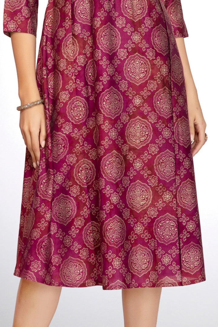 Purple Mirror and Thread work with Digital Print A-Line Cut Calf Length Kurti