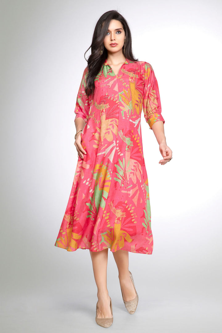 Pinkish Red Beads work with Multicolor Digital Print Calf Length Kurti