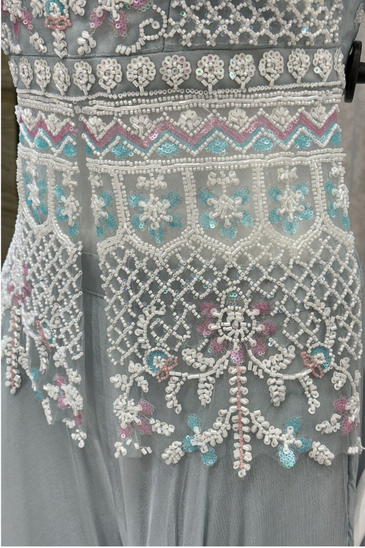 Sea Blue Beads and Sequins work Palazzo Suit Set