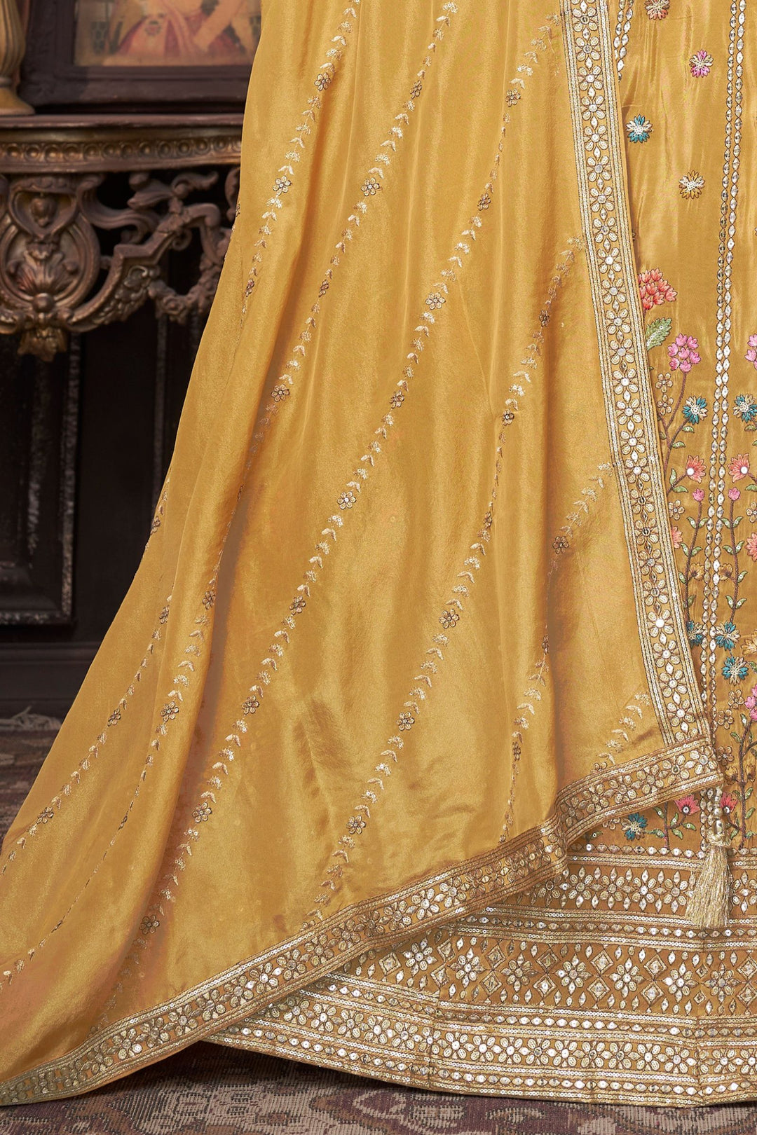Mustard Multicolor Embroidery, Zari and Sequins work Crop Top Lehenga