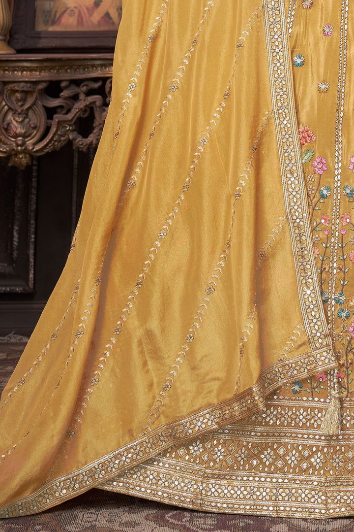 Mustard Multicolor Embroidery, Zari and Sequins work Crop Top Lehenga