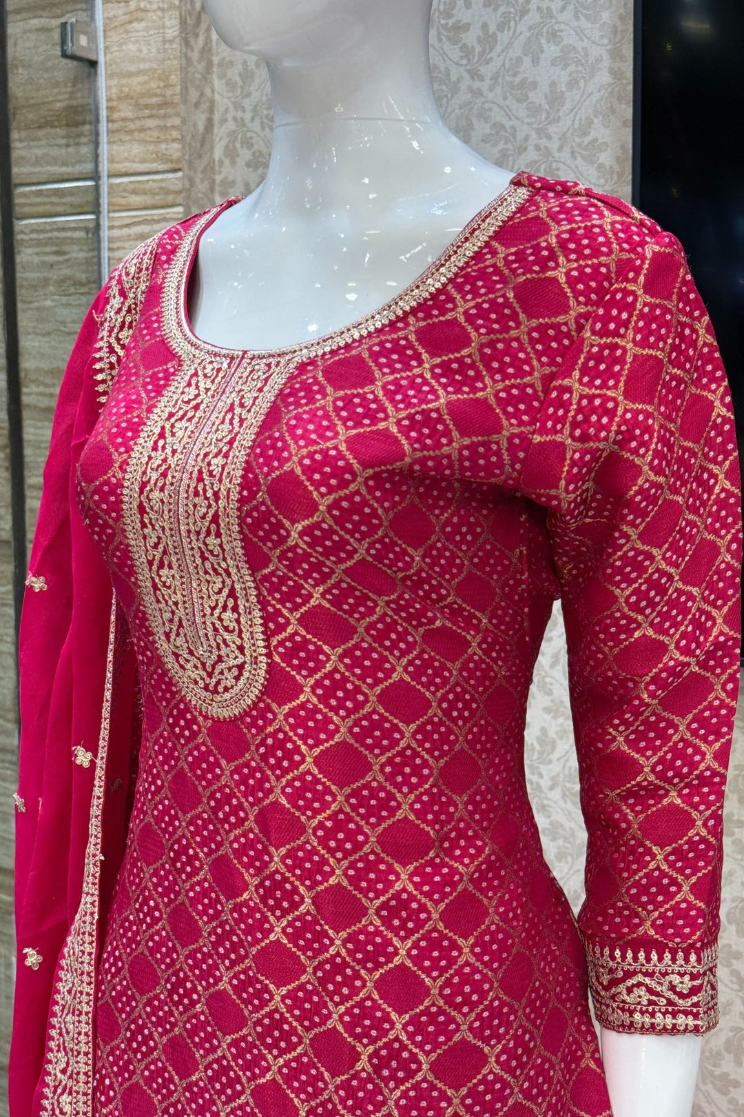 Rani Pink Banaras, Sequins and Zari work with Bandini Print Straight Cut Salwar Suit